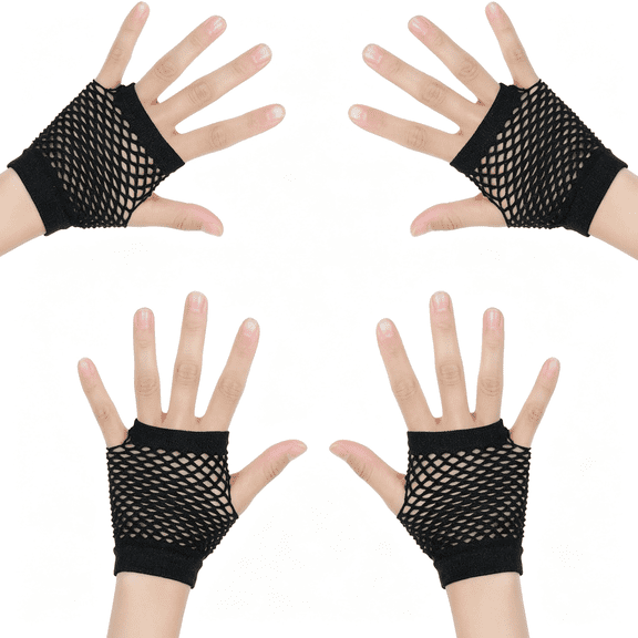TELOLY 2Pair Black Fishnet Gloves for Kids-80S Fingerless Fishnet Gloves,Fish Net Gloves for Halloween Theme Party,Elastic Nylon Arm Fishnets for Costume Accessories