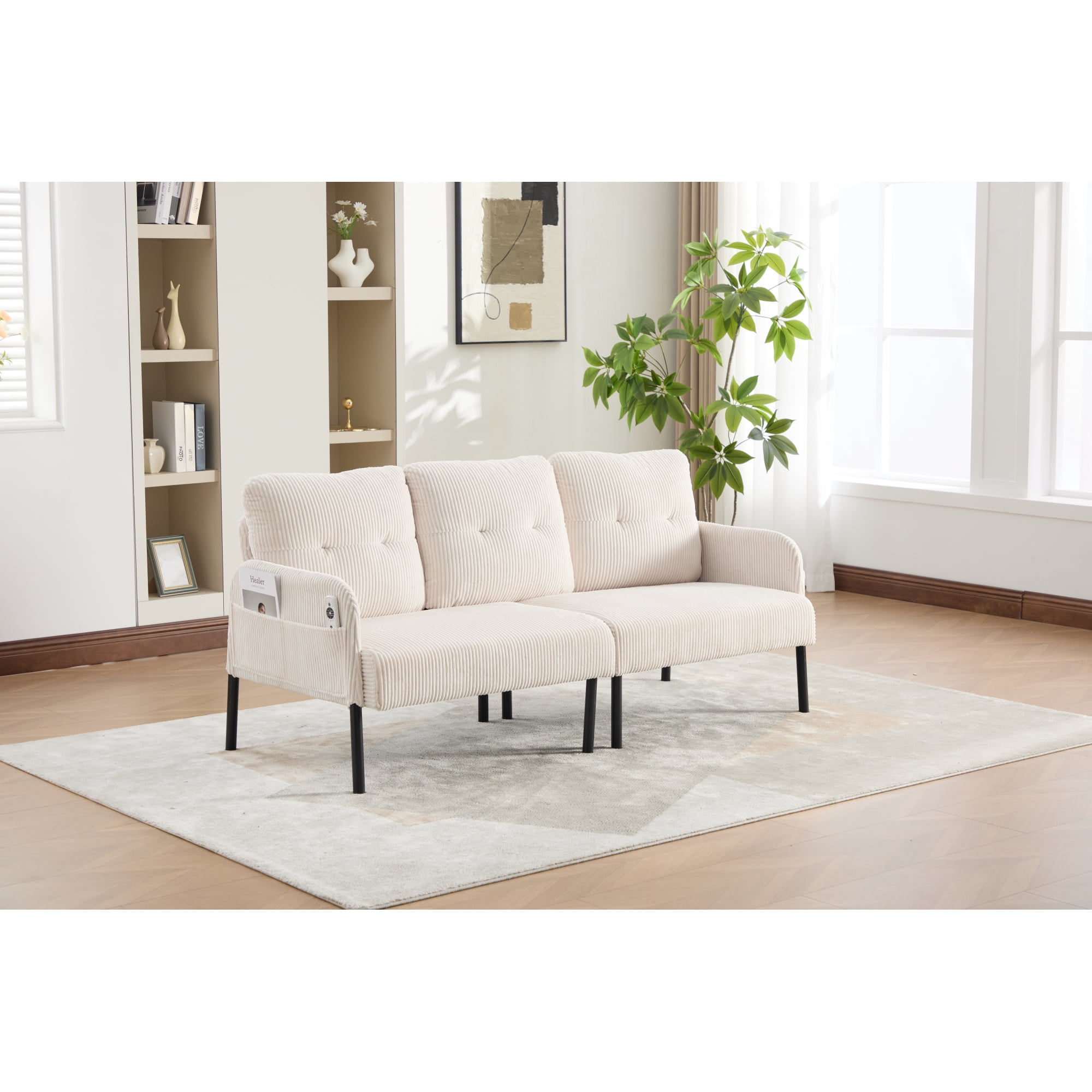 Leumius Oversized Sofa Couch for Living Room,68" Corduroy Upholstered Couch with Metal Legs & Side Pockets for Bedroom, Office or Apartment,Beige