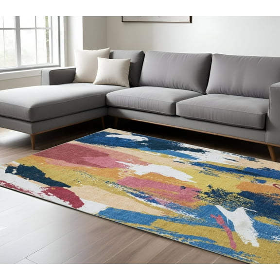 8' X 10' Blue And Gold Abstract Distressed Area Rug