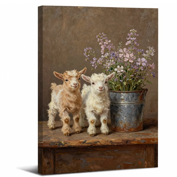 Framed Baby Goats Still Life Canvas Wall Art Decor,Farmhouse Kid Goats Wildflower Bucket abstract canvas print for bathroom bedroom living room