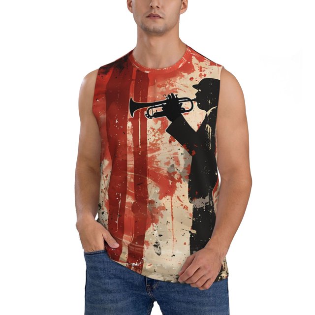 Fotbe Silhouette Trumpet Red Art Men's Camiseta sin Mangas Estampada para Hombres, Playera Casual para Gimnasio, Entrenamiento, Playa-Medium