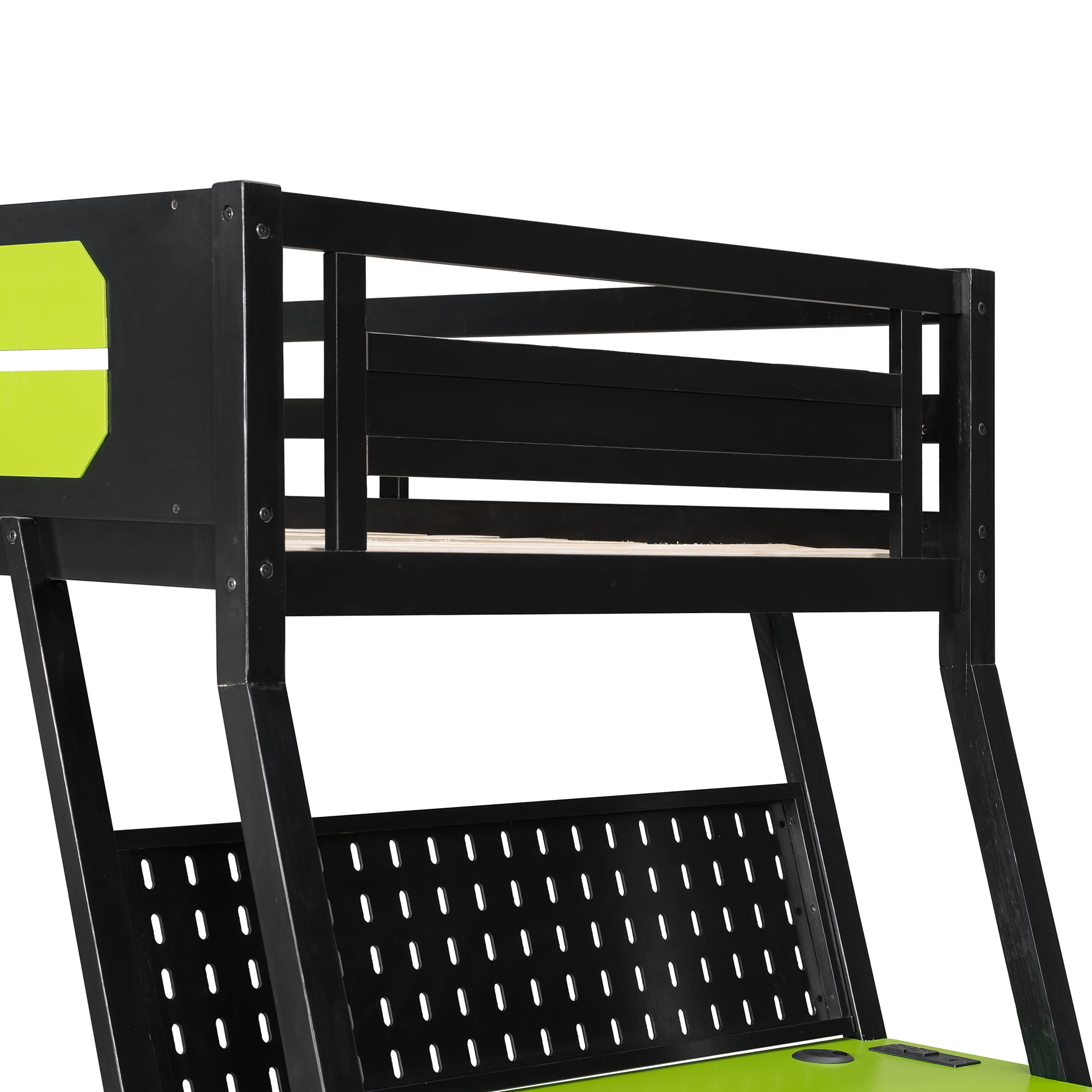 Mintazer Twin Over Twin Gaming Bunk Bed with Dual Desks, E-Sport Bunk Bed with USB Desktop Ports & Pegboard Storage for Bedrooms Dorm, Green