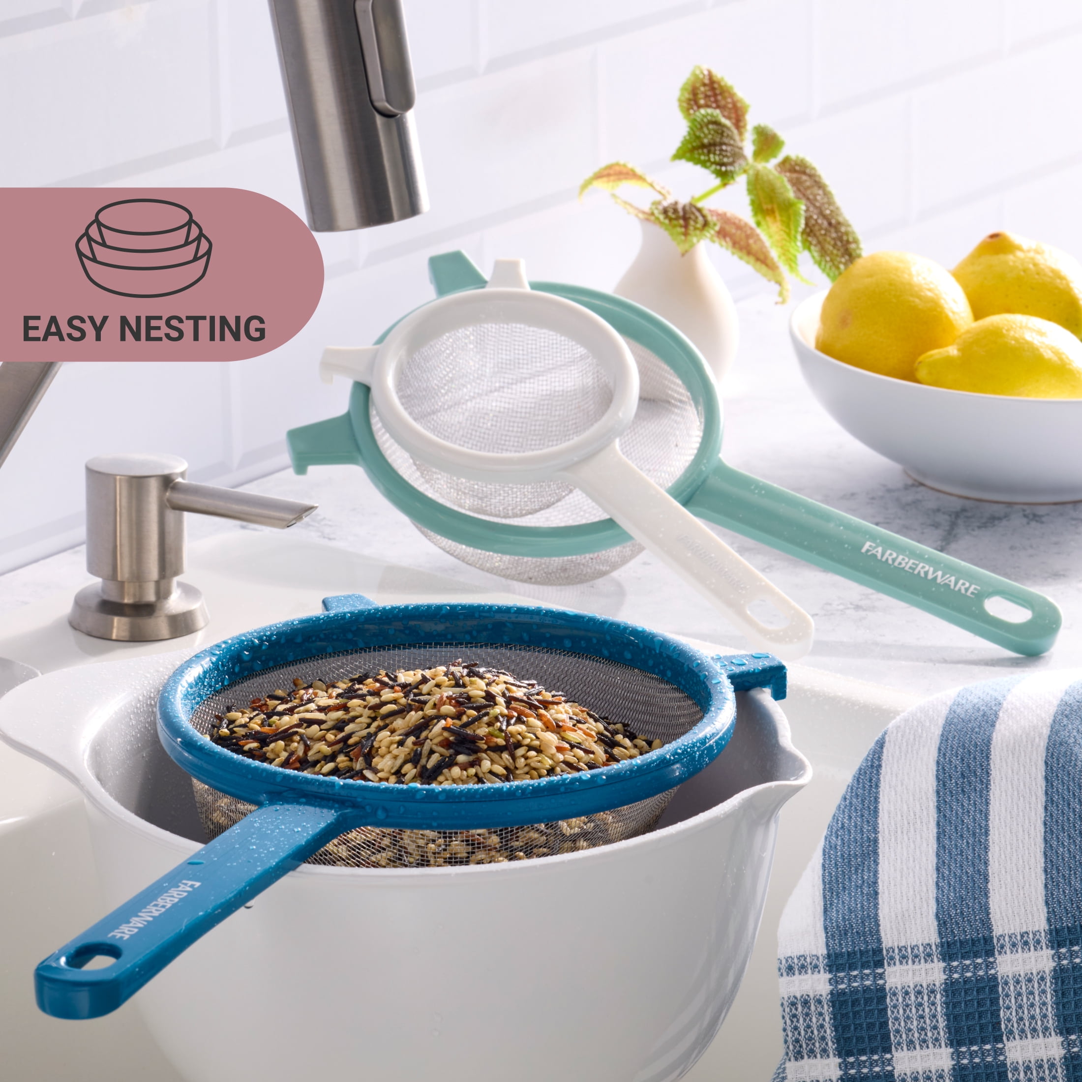 Farberware Professional Fine Mesh Strainers in Blue, Sage, & Gray, Set of 3