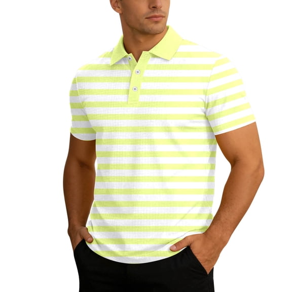 LPKRT Men Waffle Stripe Short Sleeve Polo Shirt - Breathable Knit Top, Casual Business Tee(Light Yellow-S)