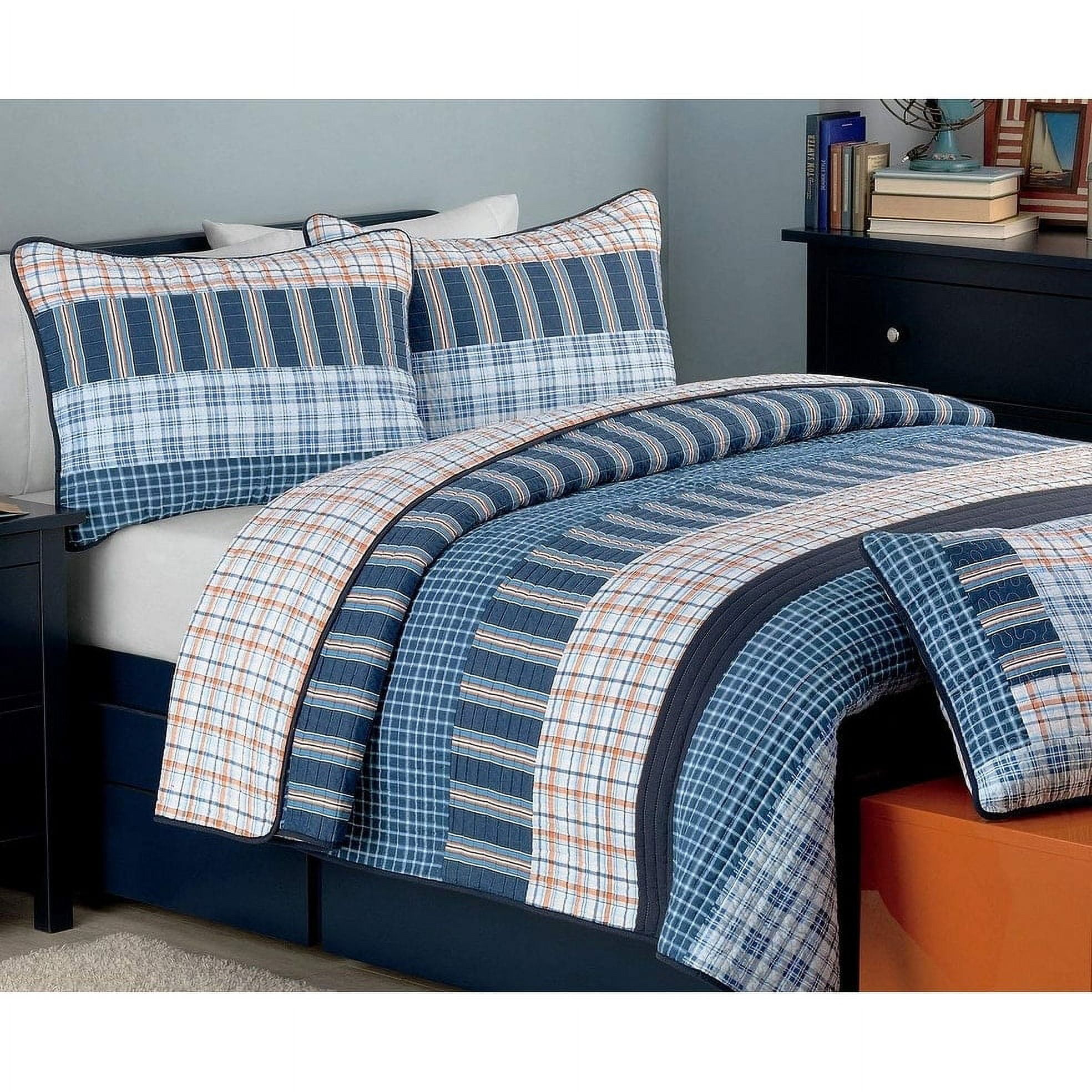 Cozy Line Home Fashions Navy Orange Striped Boy 100% Cotton Reversible Quilt Bedding Set, Twin 2-Piece