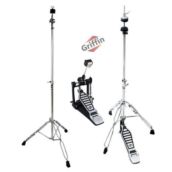 3 PACK - Hi-Hat Stand, Kick Drum Pedal & Straight Cymbal Stand Hardware Kit by Griffin Deluxe Full Size Percussion Chrome Hardware Set Lightweight, Portable & Mobile, Perfect for Drummer Gigs