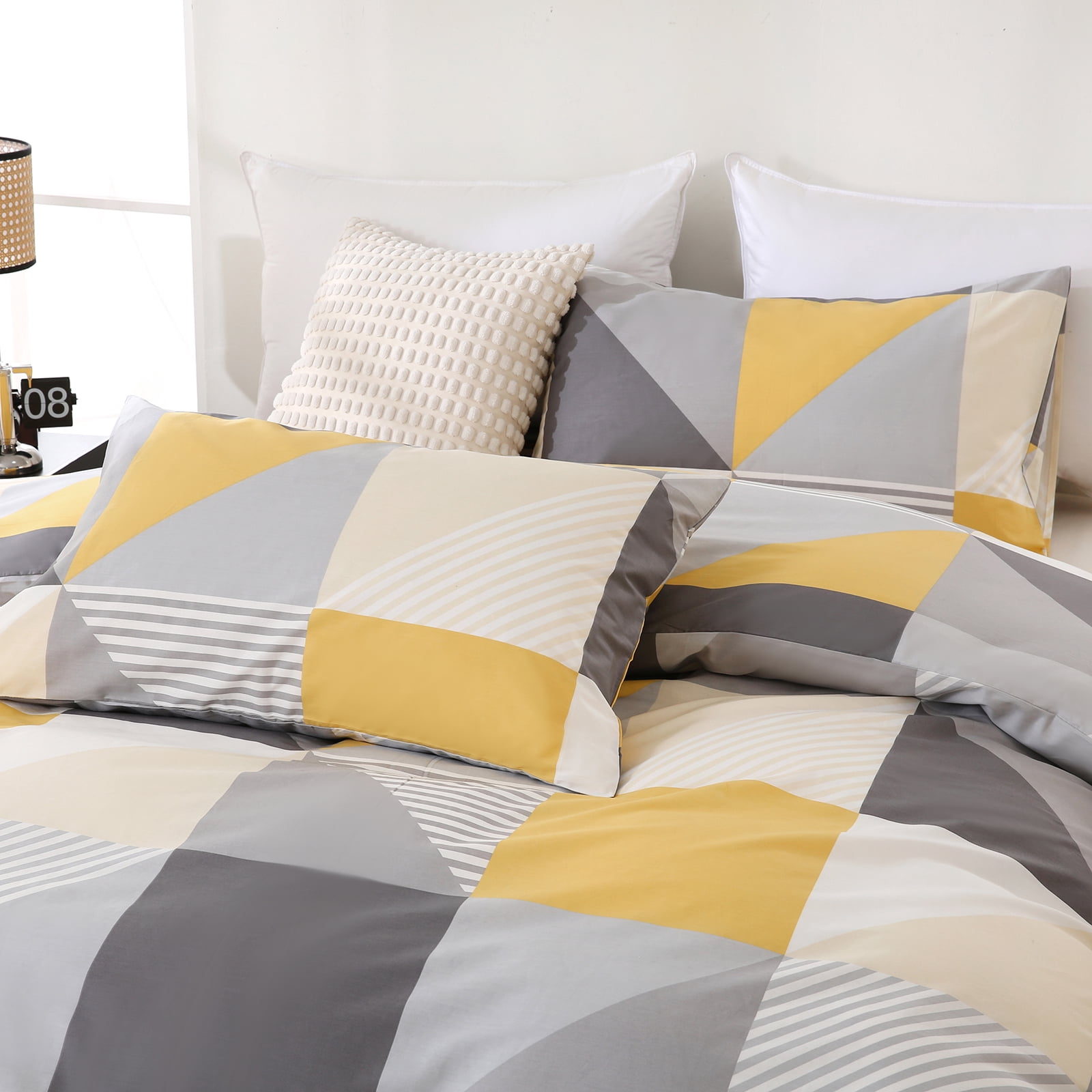 Move Over Yellow and Gray Duvet Cover Set King 100% Cotton Geometric Duvet Cover Set Soft and Breathable Yellow Gray Neatural Style Geometric Plaid Bedding Set with Zipper Closure and Corner Ties