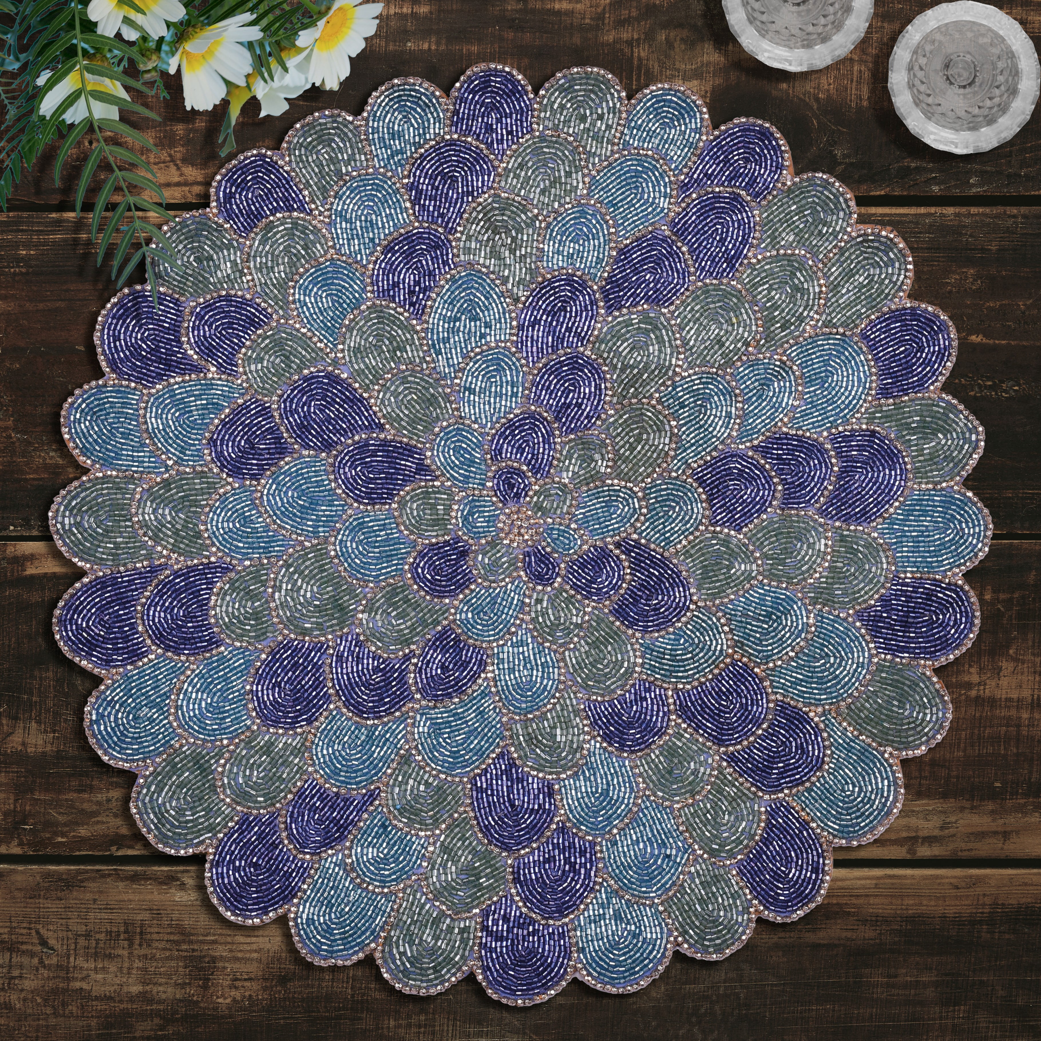 Blue Green Beaded Placemats Set of 4 for Dining Coffee Table Scratch Heat Stain Resistant Charger Kitchen Decor Durable Tablemats - Fall Autumn Thanksgiving Holiday - 15 Inches