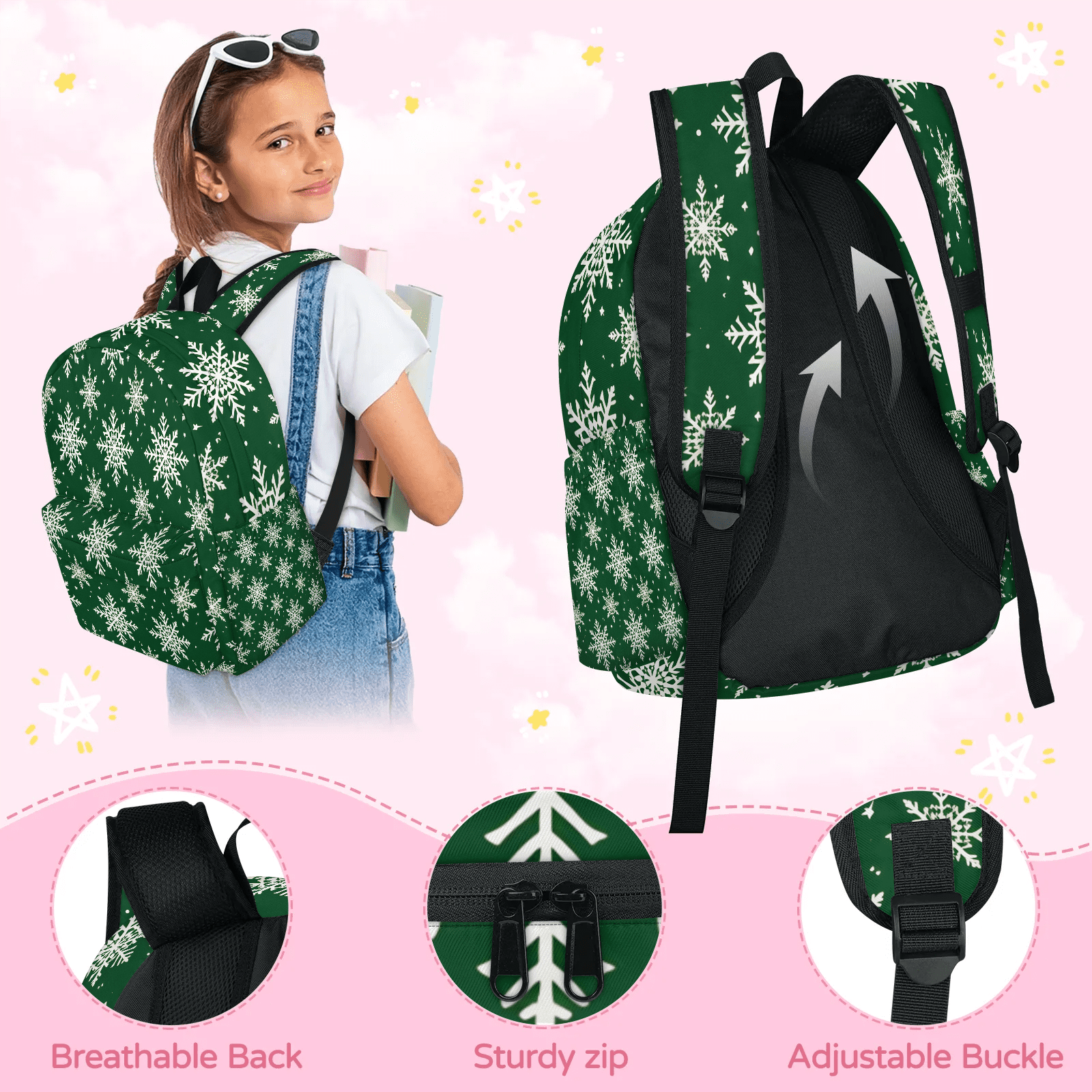 Herdesigns Snowflake Backpack for Men Women, Lightweight Laptop Backpack 16.3 Inch Green Christmas Casual Daypack for Travel Work Commuter