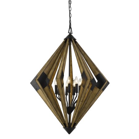 

9 Bulb Diamond Shape Wooden Chandelier with Metal Accents Brown- Saltoro Sherpi