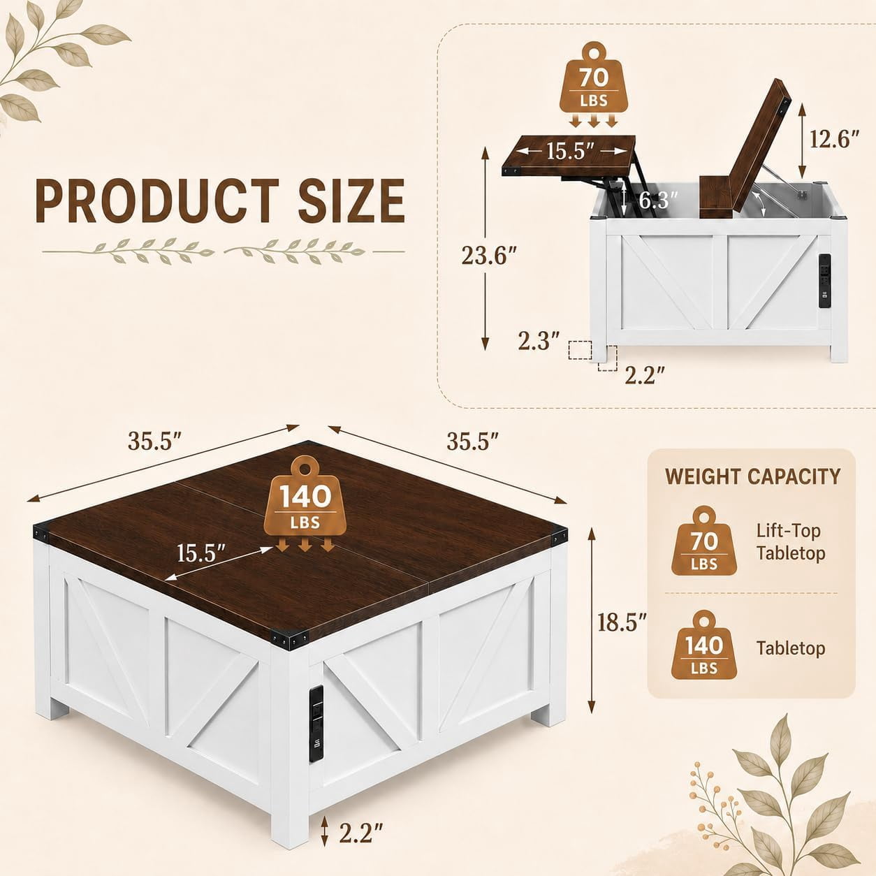 Simple Deluxe Lift Top Coffee Table with Storage, 35.5" Square Coffee Tables for Living Room, Farmhouse Coffee Table with Large Hidden Storage, Coffee Tables with Lifting Top for Living Room (White)