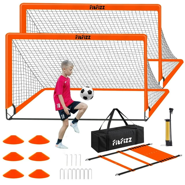 Portería de fútbol FITFIZZ portátil de 6 x 4 pies con pelota, escalera y conos
