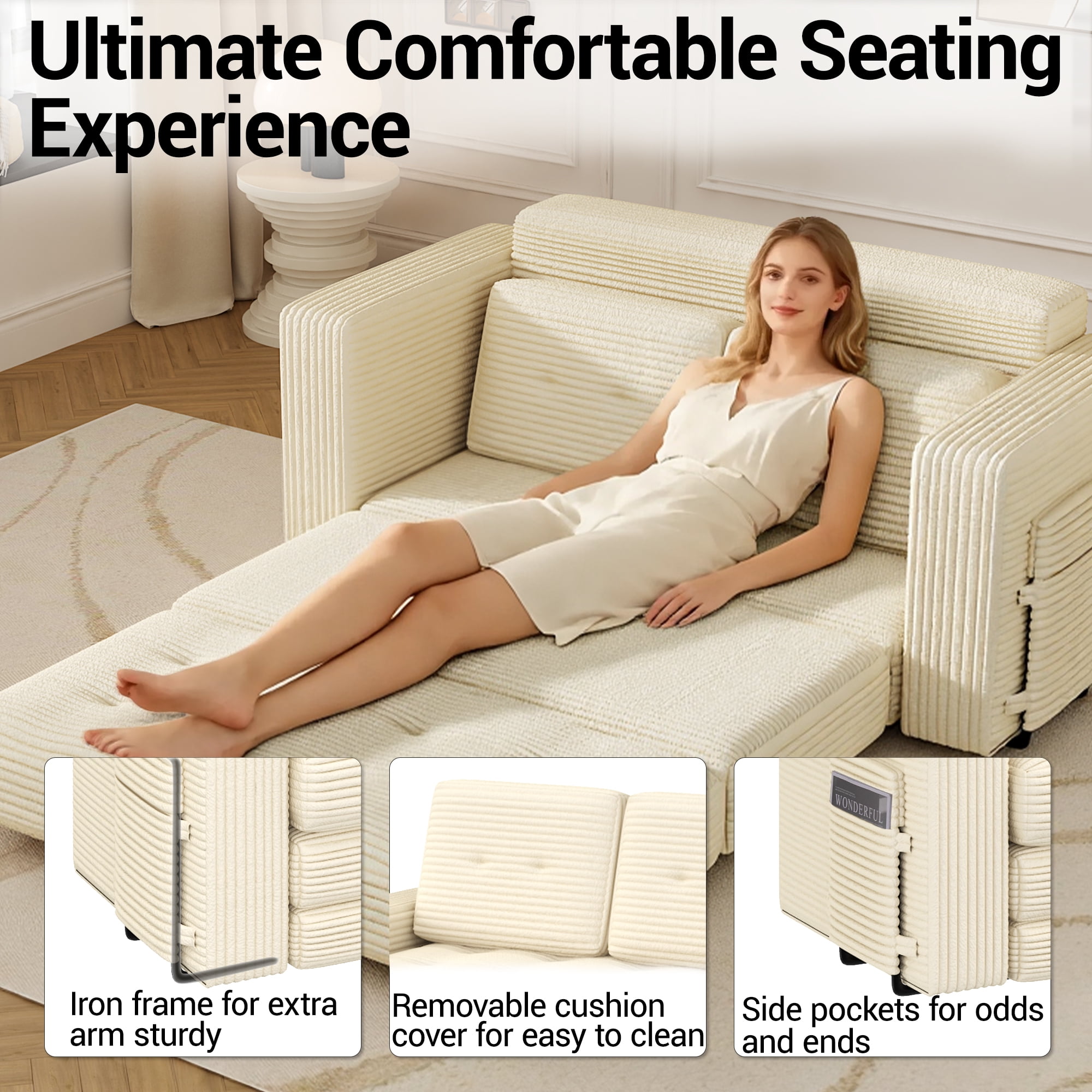 WENTUM Pull Out Loveseat Boneless Couch,Sleeper Sofa, Folding Couch Bed with Pillow for Living Room Bedroom, Beige