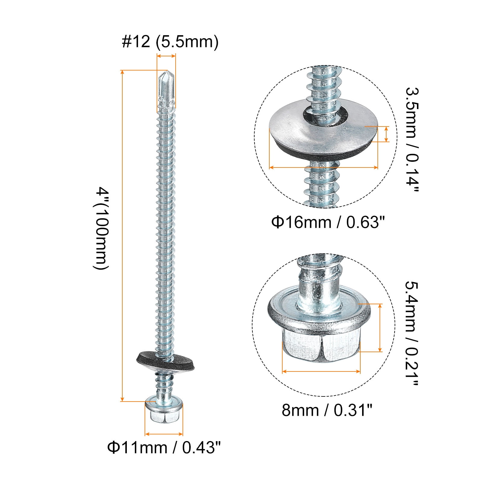 #12 x 4" Screws, 50 Pack Zinc Plated Steel Hex Head Screws with EPDM Washer