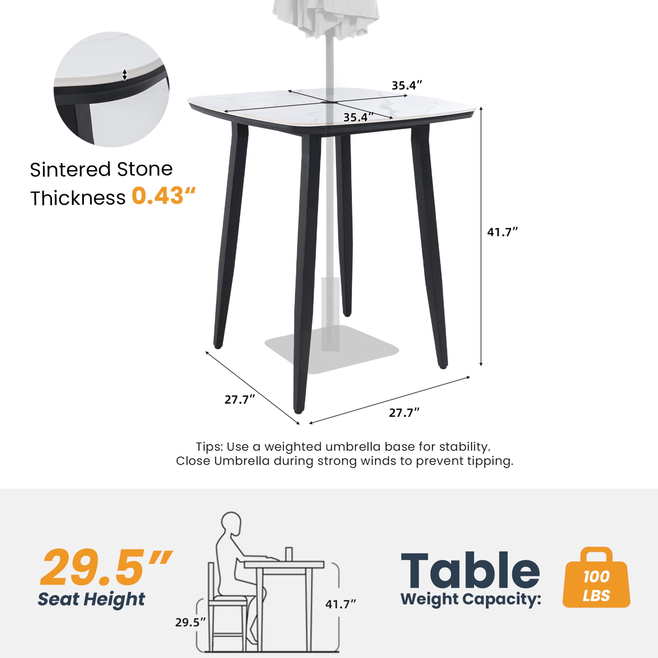 Noble House 35.4" Outdoor Rounded Square Bar Table, Durable Sintered Stone Greek Top, Umbrella Hole, Ember Black + White
