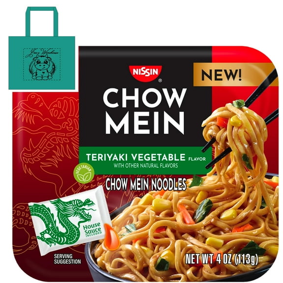 Everyday Necessiteez Chow Mein Instant Noodles, Teriyaki Vegetable Flavor, 4.0 oz -Pack of 8. Comes with Custom Tote and porte pot