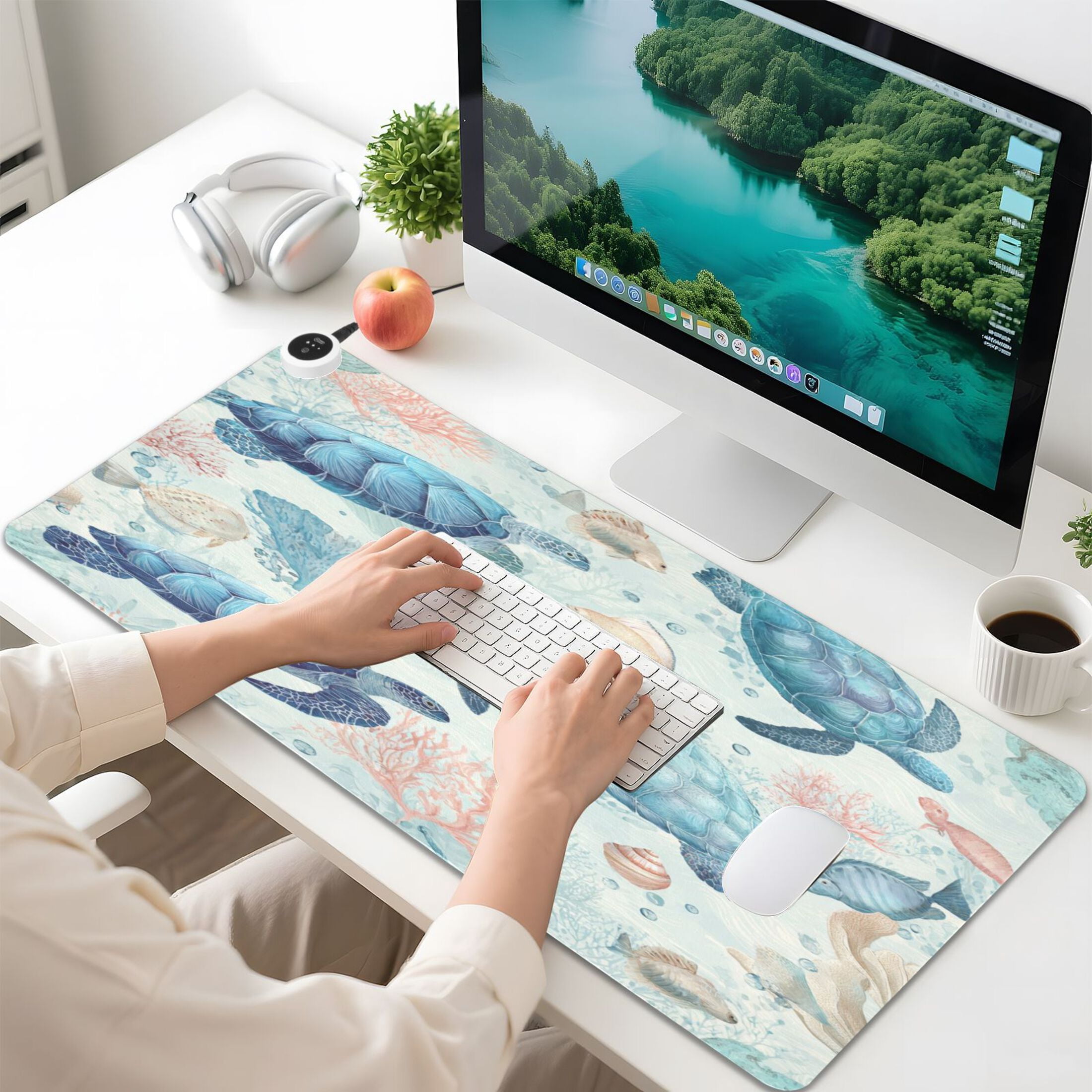 Large Heated Desk Mat Mouse Pad 31.5"x13"PU Leather Graphene Heating Desk Warmer with 3 Temperature Settings 110V US Plug Non-Slip Warm Pad for Home, Office, and Gaming Deep Green Sea Turtles