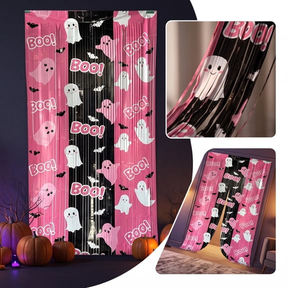 Tepsmf Halloween Decor Ghost Fringe Curtain Pink Tinsel Door Wall Backdrop for Party Decoration