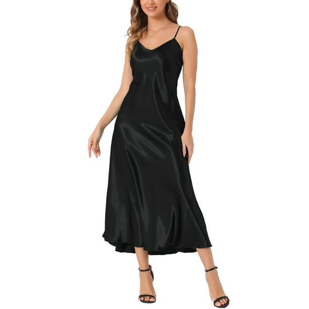 CURVOSPORT Vestido de Satén para Mujer con Tirantes Espagueti, Escote en V, Elegante, Maxi, Deslizante, Color Negro