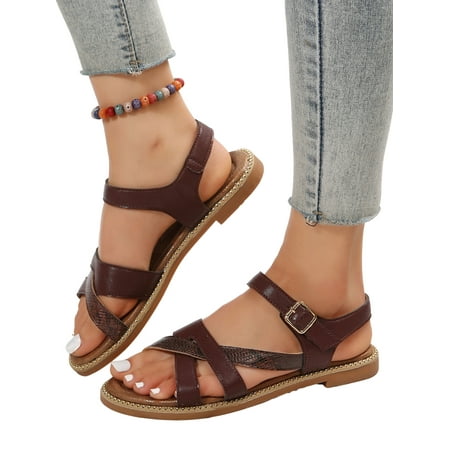 

Eloshman Ladies Flat Sandal Beach Sandals Cross-Strap Casual Shoes Walking Fashion Summer Buckle Brown 7