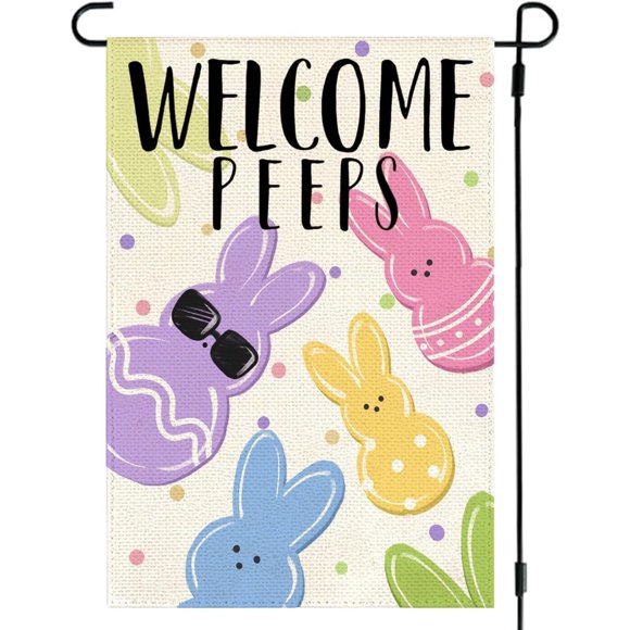 Drapeau de Jardin de Pâques « Welcome Peeps » 12x18 Pouces Double Face Extérieur Lapin Coloré Fête Saisonnier Décoratif Extérieur Printemps Cour Porche Décoration