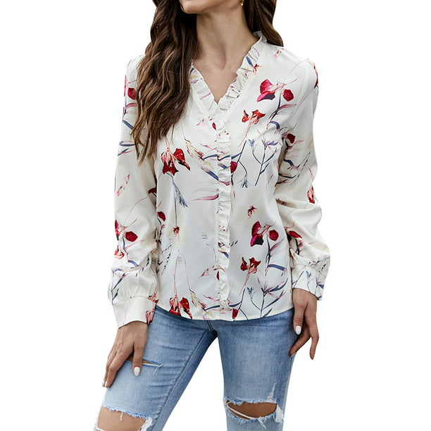 FEIWO Women's Ruffle V Neck Floral Print T-Shirt V-Neck Ladies Casual Long  Sleeve Blouse Shirt Tops Size XS-XL 