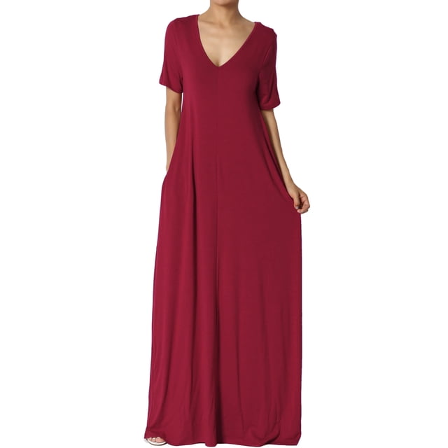 TheMogan Robe Maxi Surdimensionnée en Jersey Doux pour Femmes, Col en V, Manches Courtes avec Poche