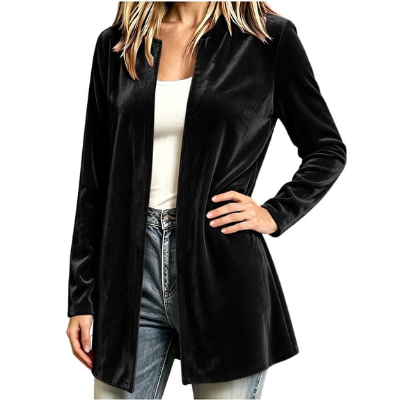 Fesfesfes Women's Casual Velour Open Front Long Cardigan Duster Coat Long Sleeve Solid Color Elegant Top Outwear for Fall Winter Christmas Holiday Daily Wear
