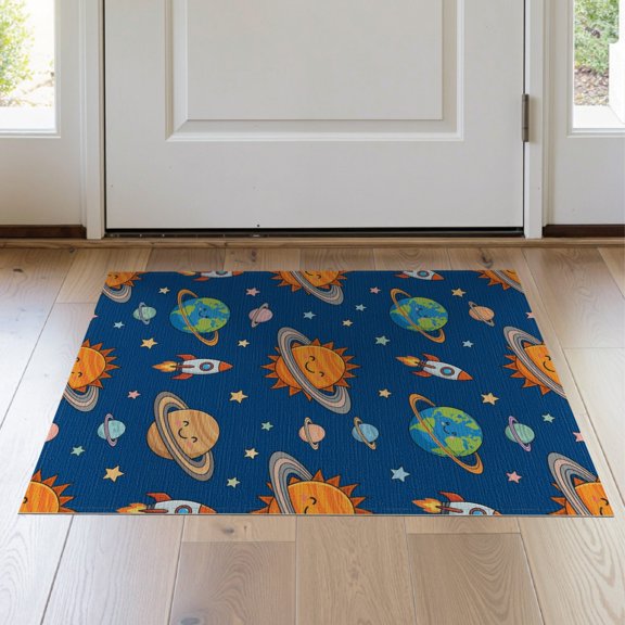 ODIKA 2'x3' Washable Accent Rug Pet Friendly, Bedside Mat Motifs Plane Educational Border Galaxy Constellation Cartoon Rocket Refined for Bedroom, Nursery, RV