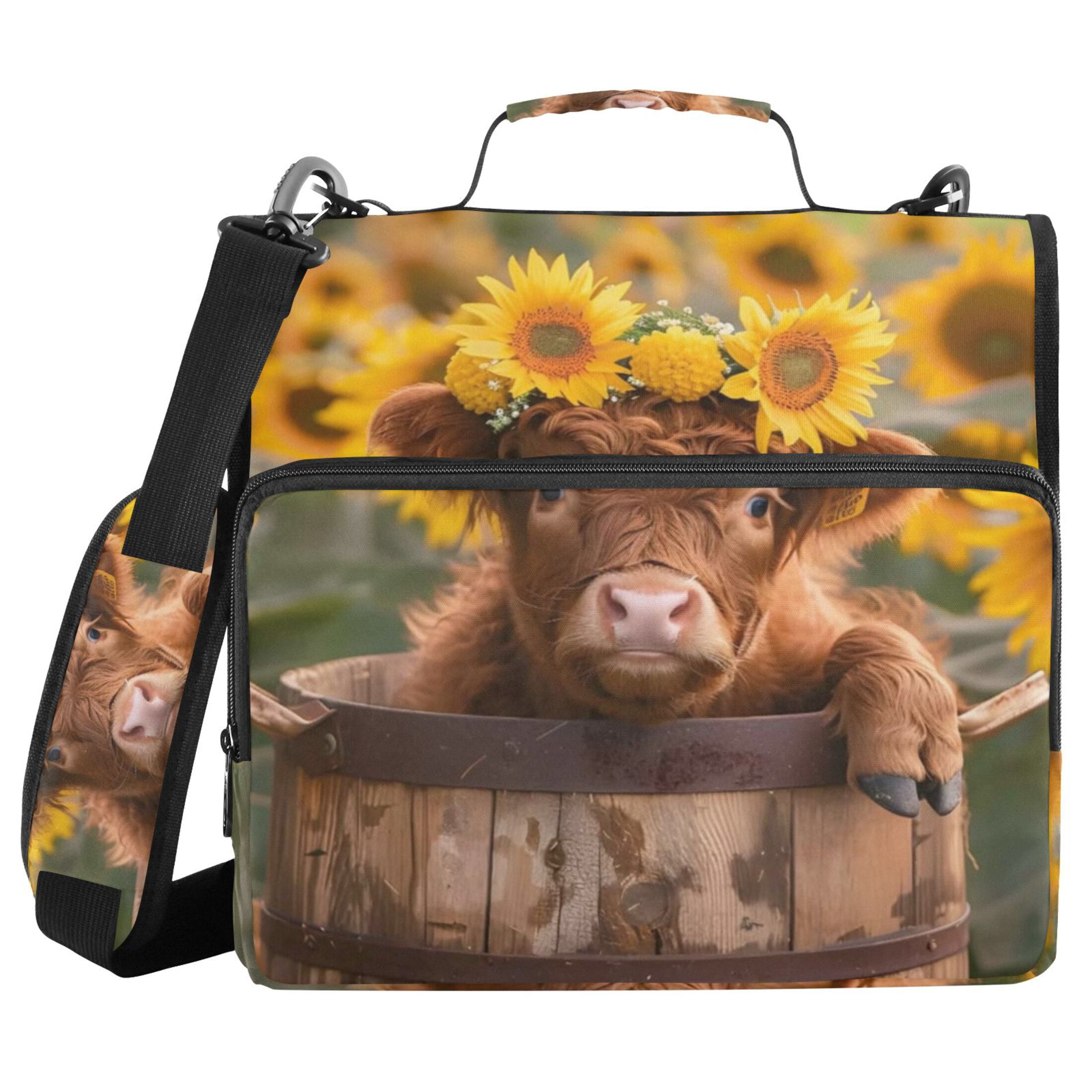 Zipper Binder Sunflower Cute Highland Cow 1.5 Inch Binder Folder Bag with Shoulder Strap and Handle