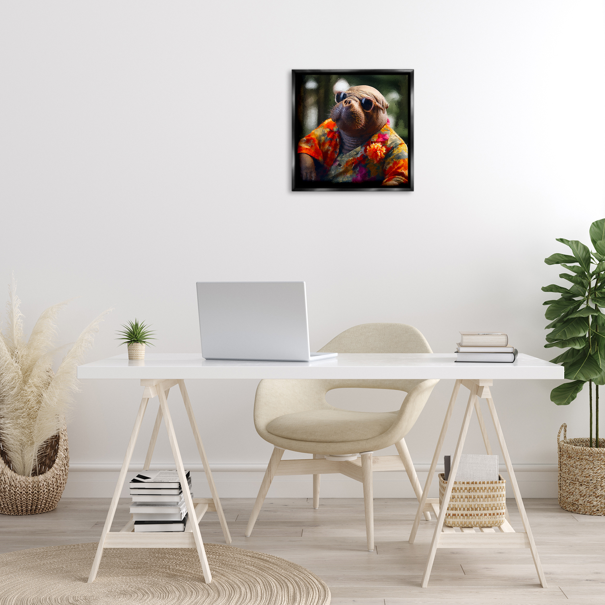 Stupell Industries Manatee with Aloha Shirt Animals & Insects Painting Black Floater Framed Canvas Art Print Wall Art, 18 x 18