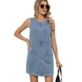 thumbnail image 2 of Women's Sleeveless Denim Jumper Dress, A-Line Mini Pinafore with Pockets, Casual Summer Crewneck Dress Blue XL, 2 of 6