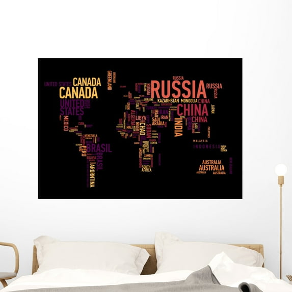 World Map Countries Wordcloud Wall Mural by Wallmonkeys Peel and Stick Graphic (48 in W x 33 in H) WM292399