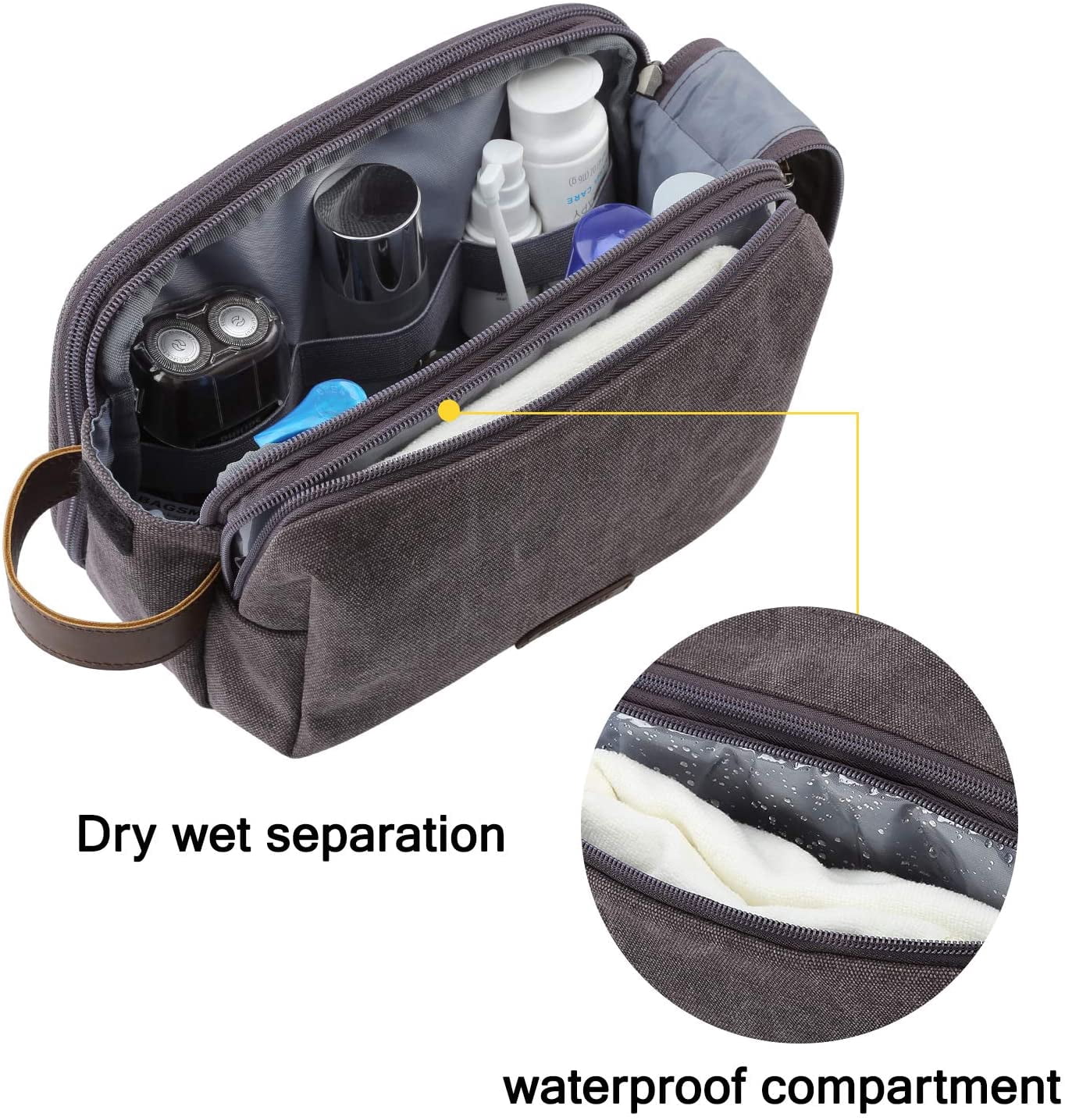 Toiletry Bag for Men, Canvas Travel Toiletry Organizer Dopp Kit Water-resistant Shaving Bag for Toiletries Accessories,Grey-Medium