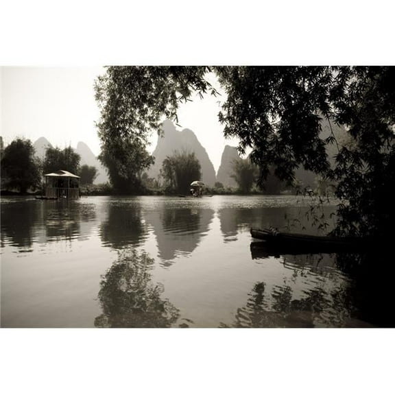 Yulong River Yangshuo China - Black & White Scenic of River Poster Print, 20 x 13