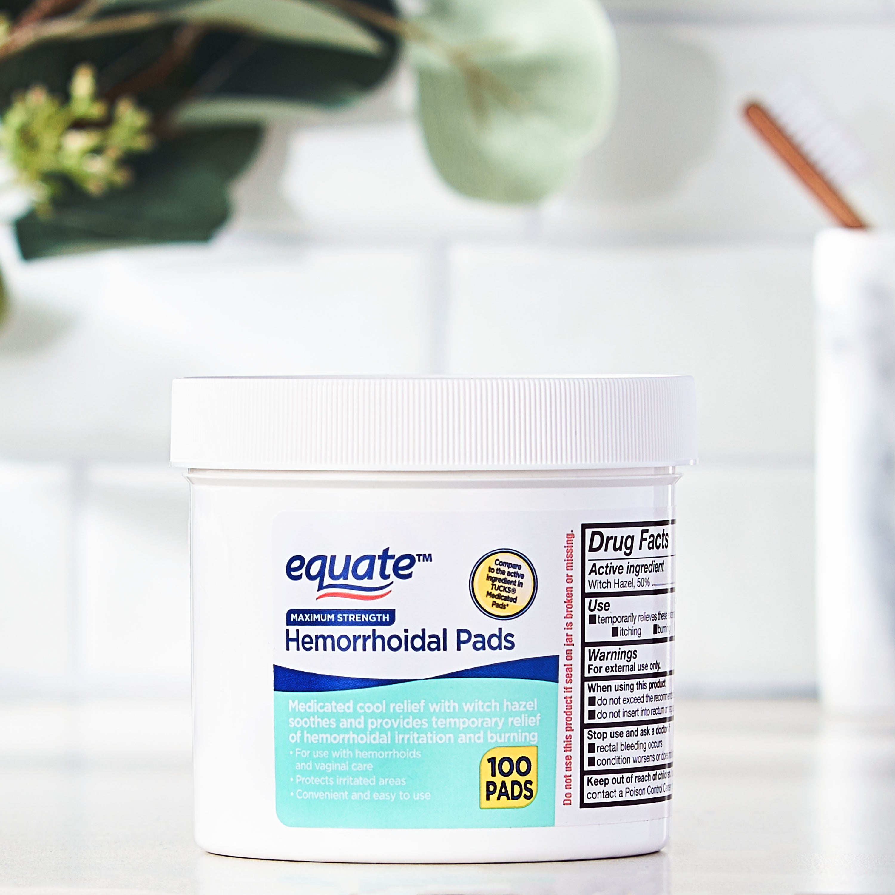 Equate Witch Hazel Topical Pain Relief Pads for Hemorrhoids with 100 Pads