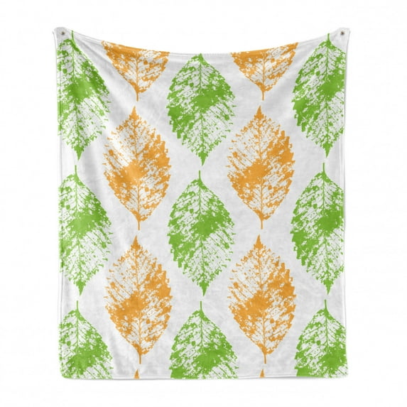 Leaves Soft Flannel Fleece Blanket, Illustration Print of Leaf Intricate Motifs Minimalist Design Grunge Art, Cozy Plush for Indoor and Outdoor Use, 60" x 80", White and Lime Green, by Ambesonne