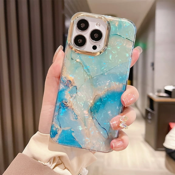 for iPhone 14 Pro 6.1" 2022 Marble & Shell Pattern Case, Flexible TPU Anti-Fingerprint Anti-Scratch Heavy Duty Full Body Protective Case for 14 Pro Women Ladies, Blue