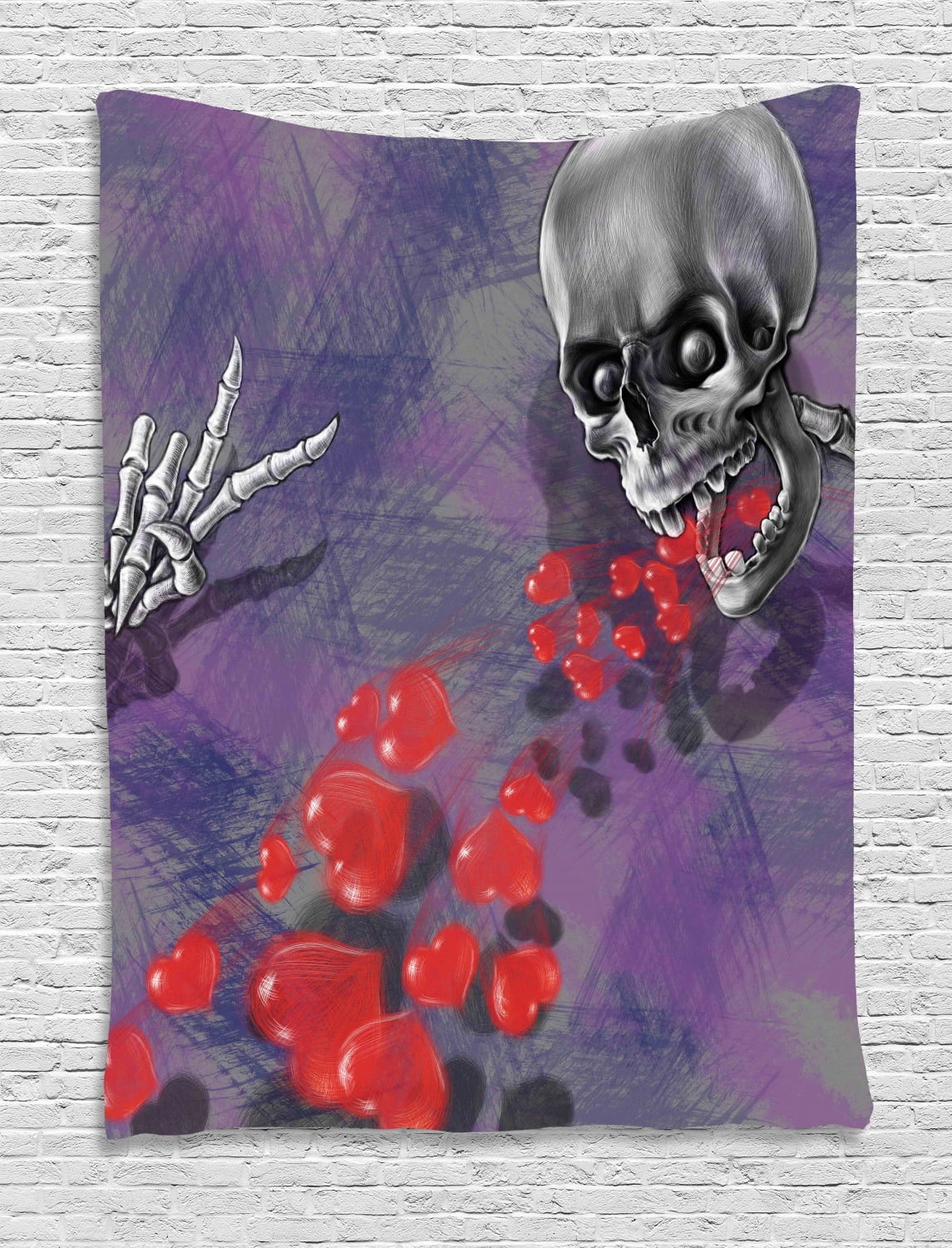Skull Tapestry Skeleton In Love Throw Out Puke Of Hearts Deadly Romantic Gesture Artwork Wall Hanging For Bedroom Living Room Dorm Decor Grey Red