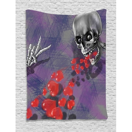 Skull Tapestry Skeleton In Love Throw Out Puke Of Hearts Deadly Romantic Gesture Artwork Wall Hanging For Bedroom Living Room Dorm Decor Grey Red