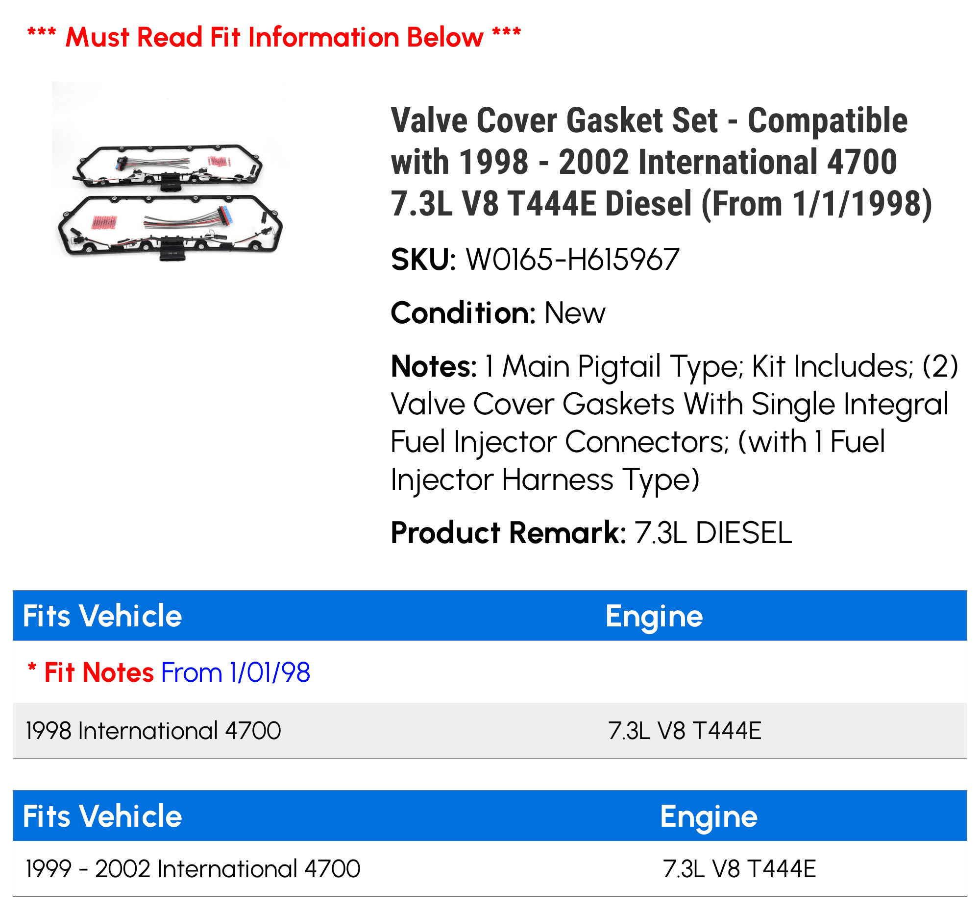 Valve Cover Gasket Set Compatible with 1998 2002 International 4700  7.3L V8 T444E Diesel (From 1/1/1998) 1999 2000 2001