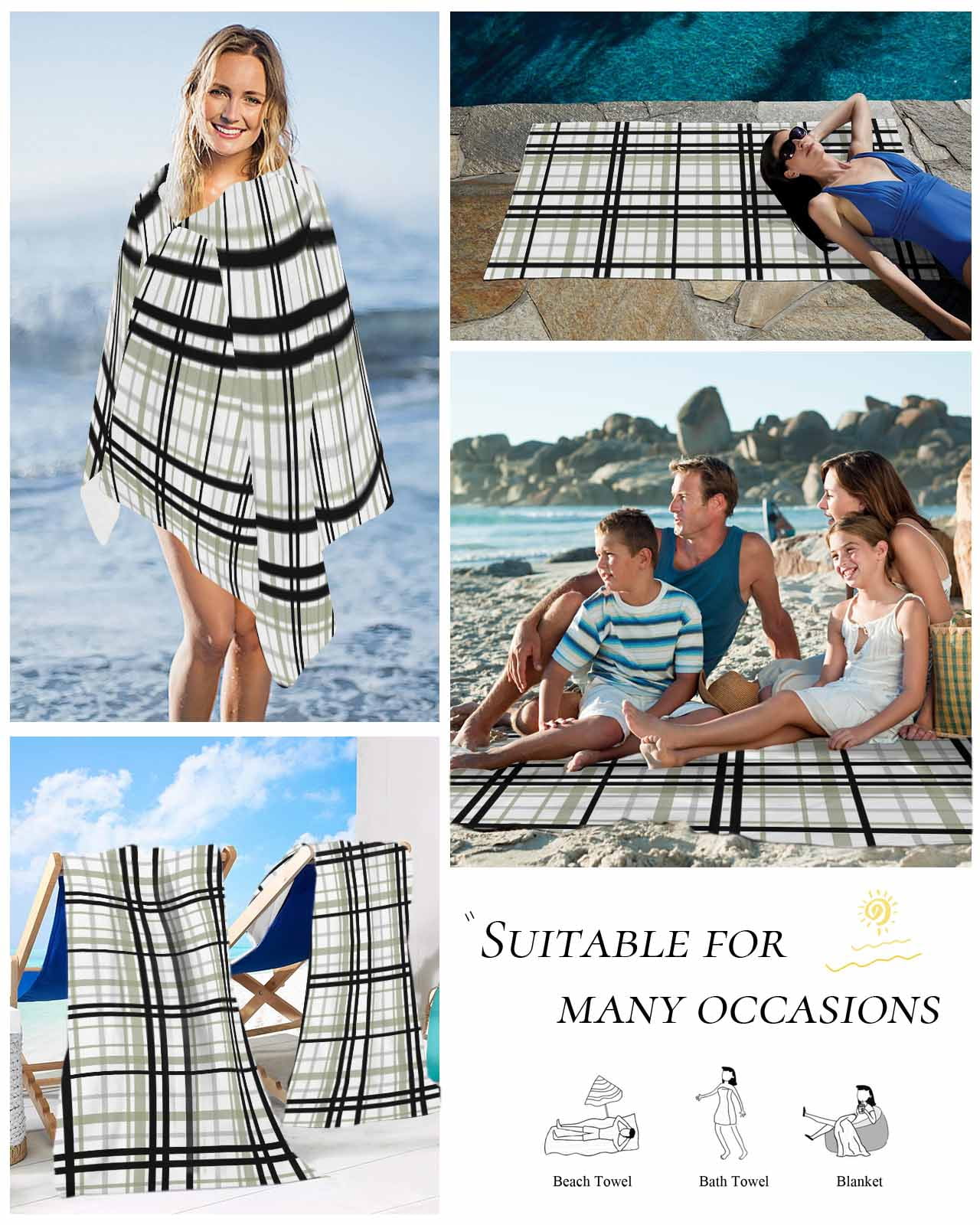 Sage Green Black Plaid Beach Towels Oversized Super Absorbent, Farmhouse Green Black Checkered Lightweight Bath Towel Quick Dry Sets For Bathroom/Pool/Rv Camping/Beach Play/Gym Room/Picnic 23"x47"