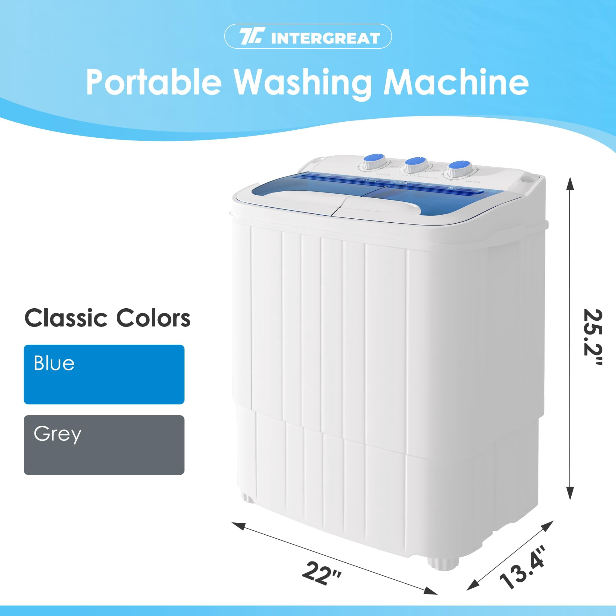 INTERGREAT Portable Washer and Dryer, 16 lbs Twin Tub Mini Laundry Machine, Compact Washer with Spin Dryer for Apartment Dorm RV Camping, Blue