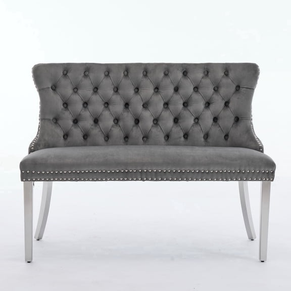 Gray Dining Bench with Back ,Upholstered Velvet Tufted 2-Seat,Handmade Buttons, Nailhead Trim & Silver Stainless Steel Legs