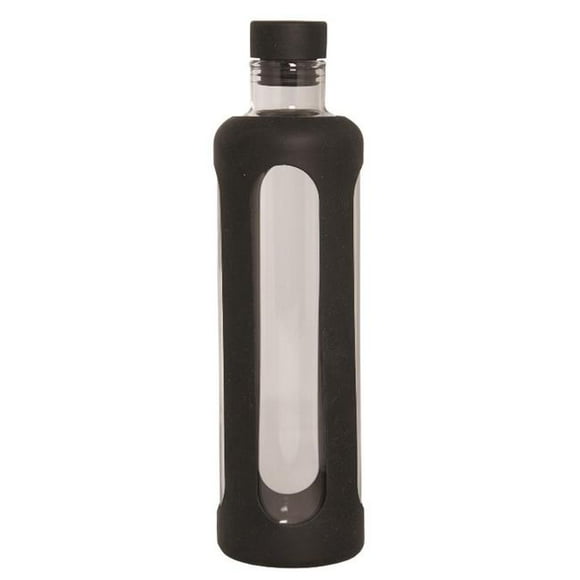 Debco WB8208 600 ml 20 oz Glass Water Bottle with Silicone Sleeve - Clear Glass bottle - Black Silicone Wrap / Cap