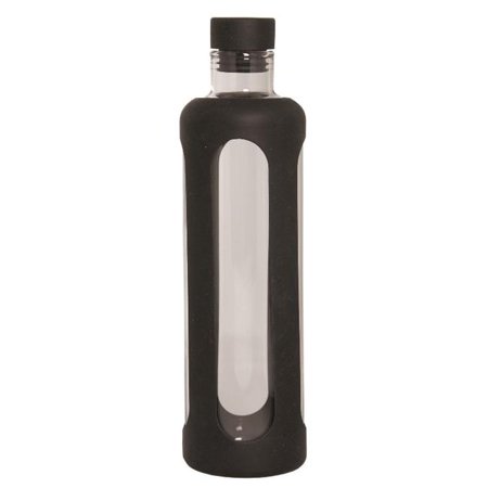 

Debco WB8208 600 ml 20 oz Glass Water Bottle with Silicone Sleeve - Clear Glass bottle - Black Silicone Wrap / Cap