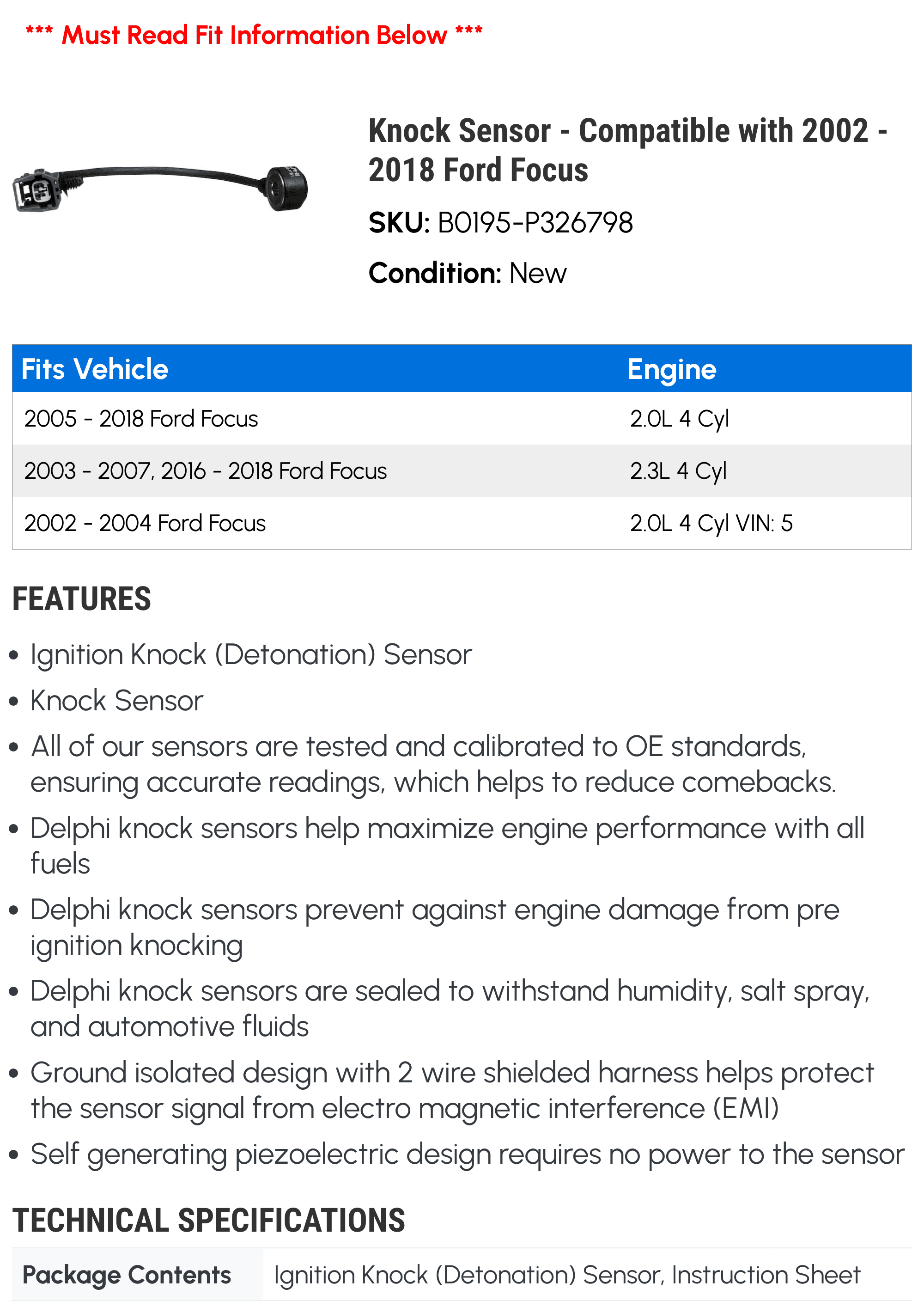 Knock Sensor - Compatible with 2002 - 2018 Ford Focus 2003 2004 2005 2006 2007 2008 2009 2010 2011 2012 2013 2014 2015 2016 2017