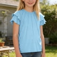thumbnail image 2 of Aihuaihua Girls Pleated Ruffle Short Sleeve Shirts Kids Summer Crewneck T-Shirts Solid Color Fashion Tops Tees Age for 5-12 Years Blue 9-10 Years, 2 of 6
