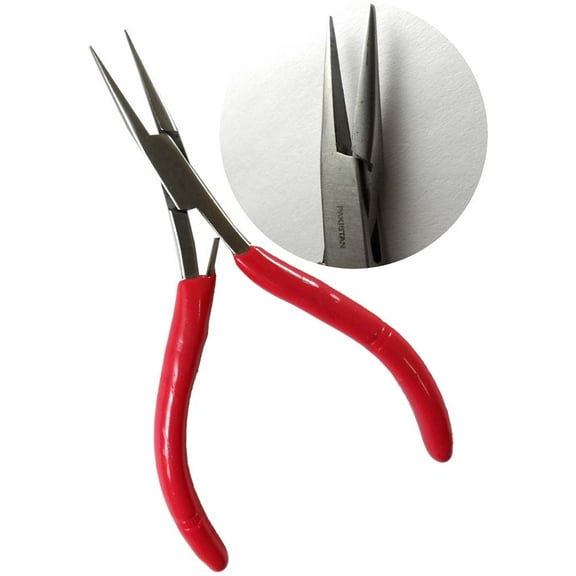 JEWEL TOOL | 5" (12.7cm) Slim Long Nose Pliers | Smooth Tips | Leaf-Spring Action | Red PVC Handles | Durable Stainless Steel