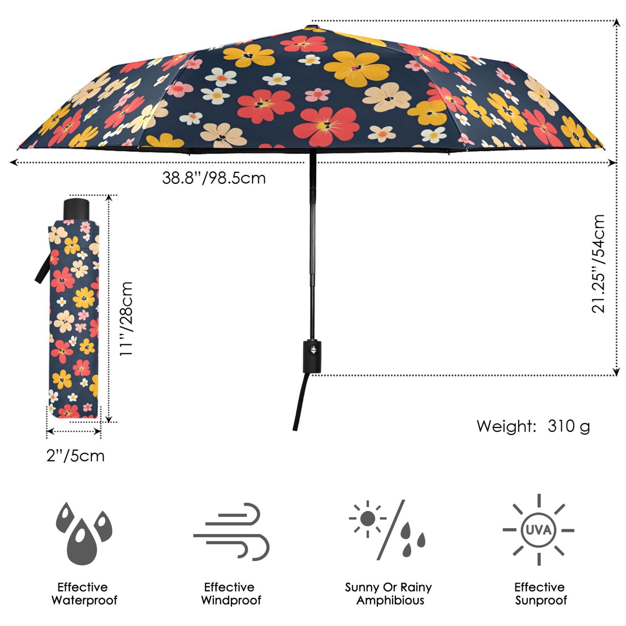 FORMRS Travel Umbrella Folding Auto Open Close Windproof Rain UV Protection, Small Colorful Flower